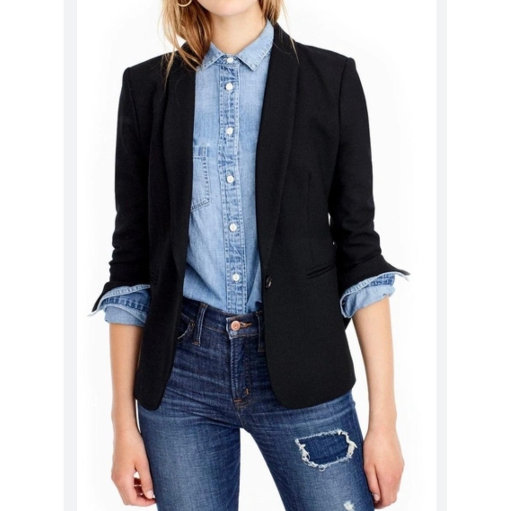 J. Crew‎ Parke Wool Blend Blazer Black Shawl Collar Polka Dot Lining Size 0